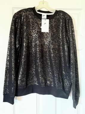 Nike Womens Black Glitter Stardust Fleece Crewneck Sweatshirt Size Medium NWT